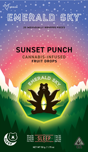 Emerald Sky Hard Fruit Drops 20ct 100mg Indica Sleep Sunset Punch